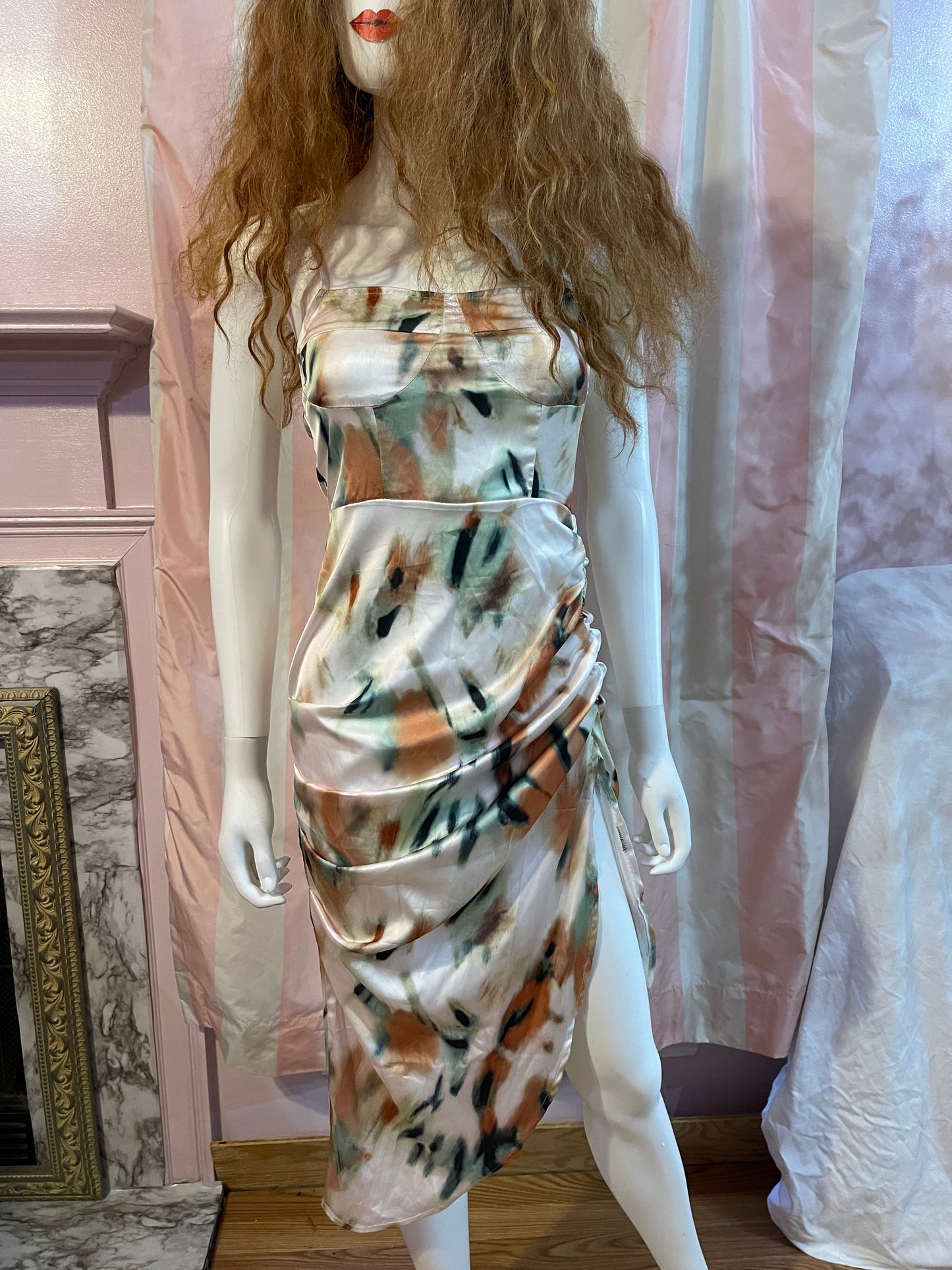 Silky Beige Tan Abstract Stretch Dress