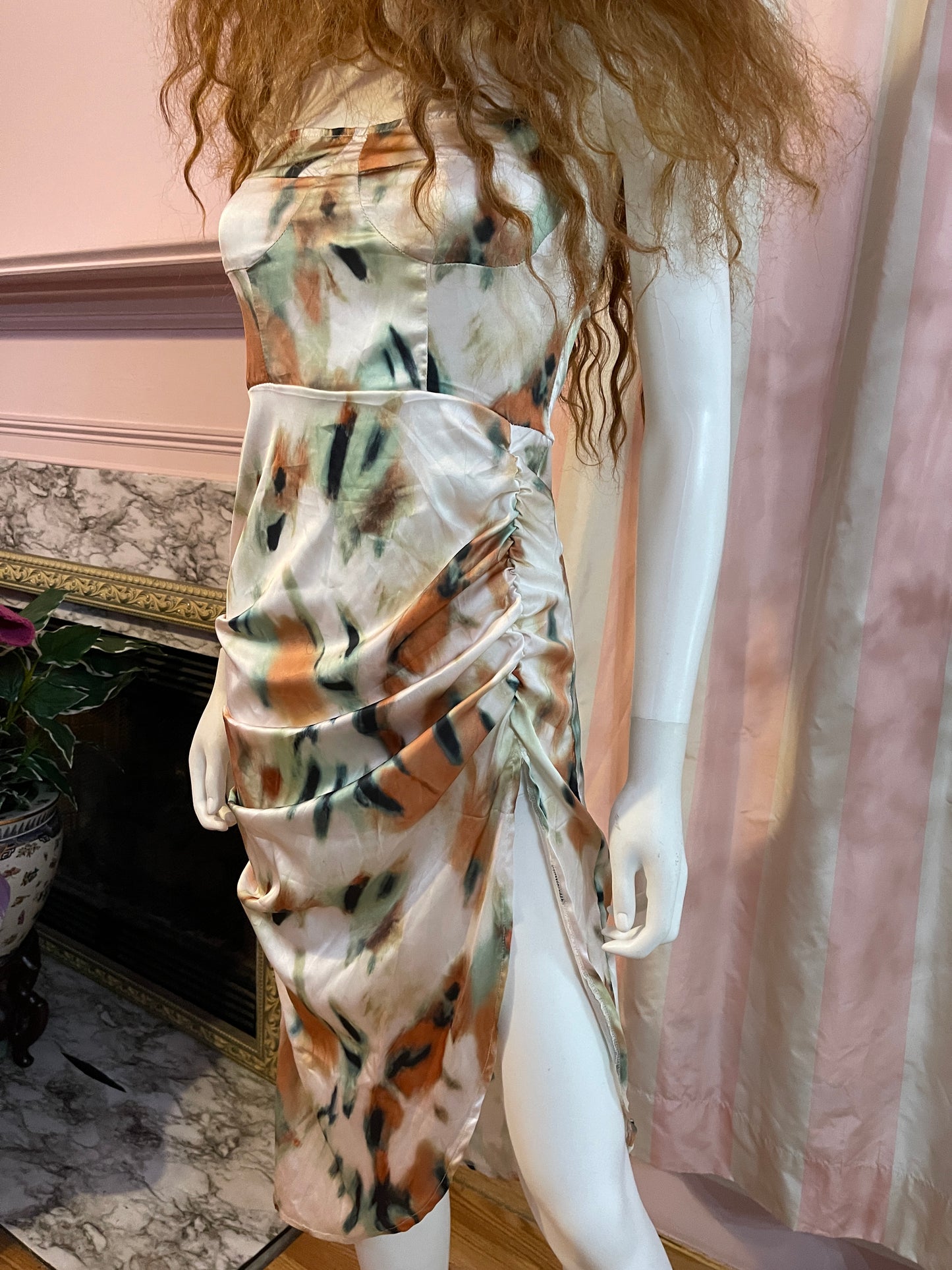 Silky Beige Tan Abstract Stretch Dress