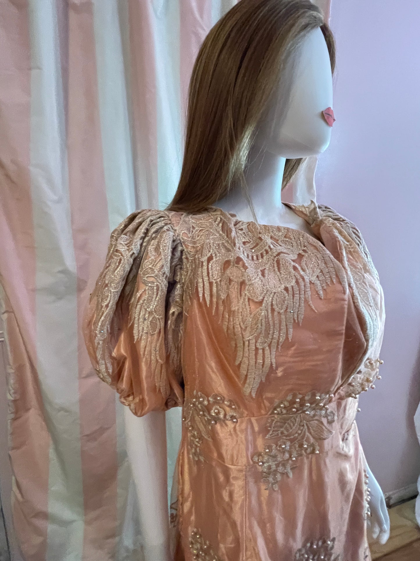 Vintage Pink Peach Satin Lace Dress Gown