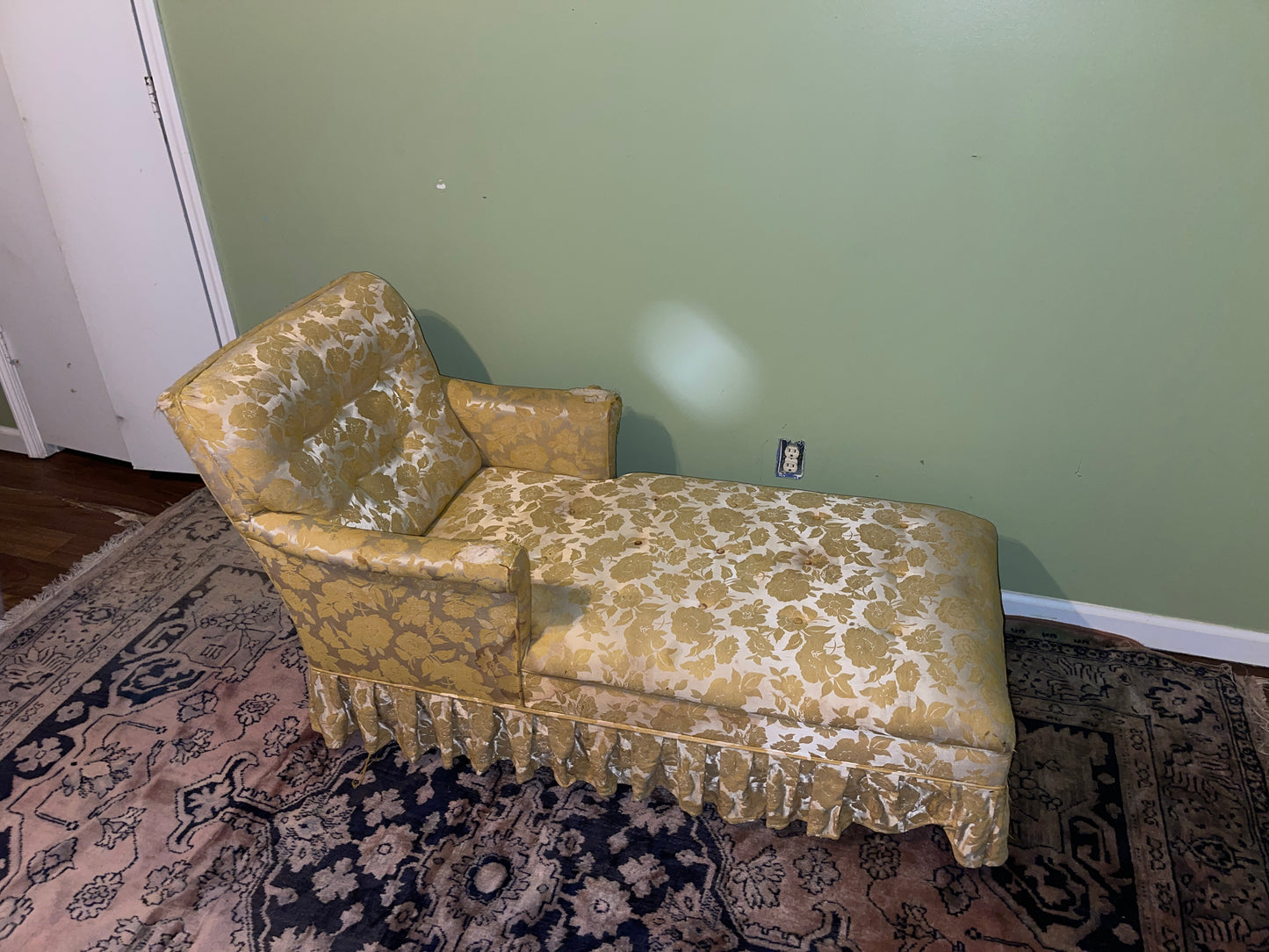 RENTAL VINTAGE DISTRESSED YELLOW GOLD SATIN CHAISE SOFA LOVESEAT