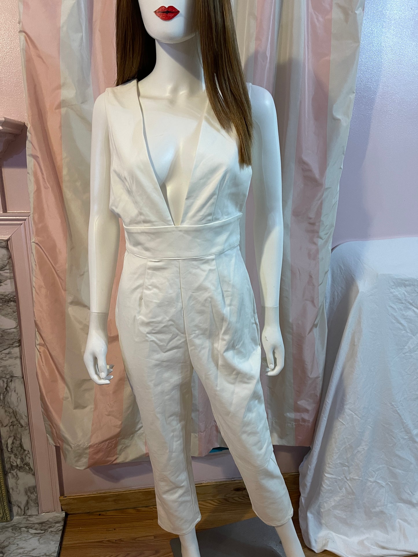 White stretch plunge jumpsuit