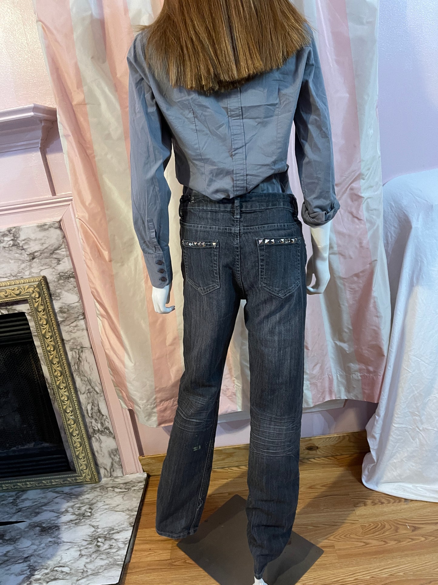 Gray shirt , studded jeans