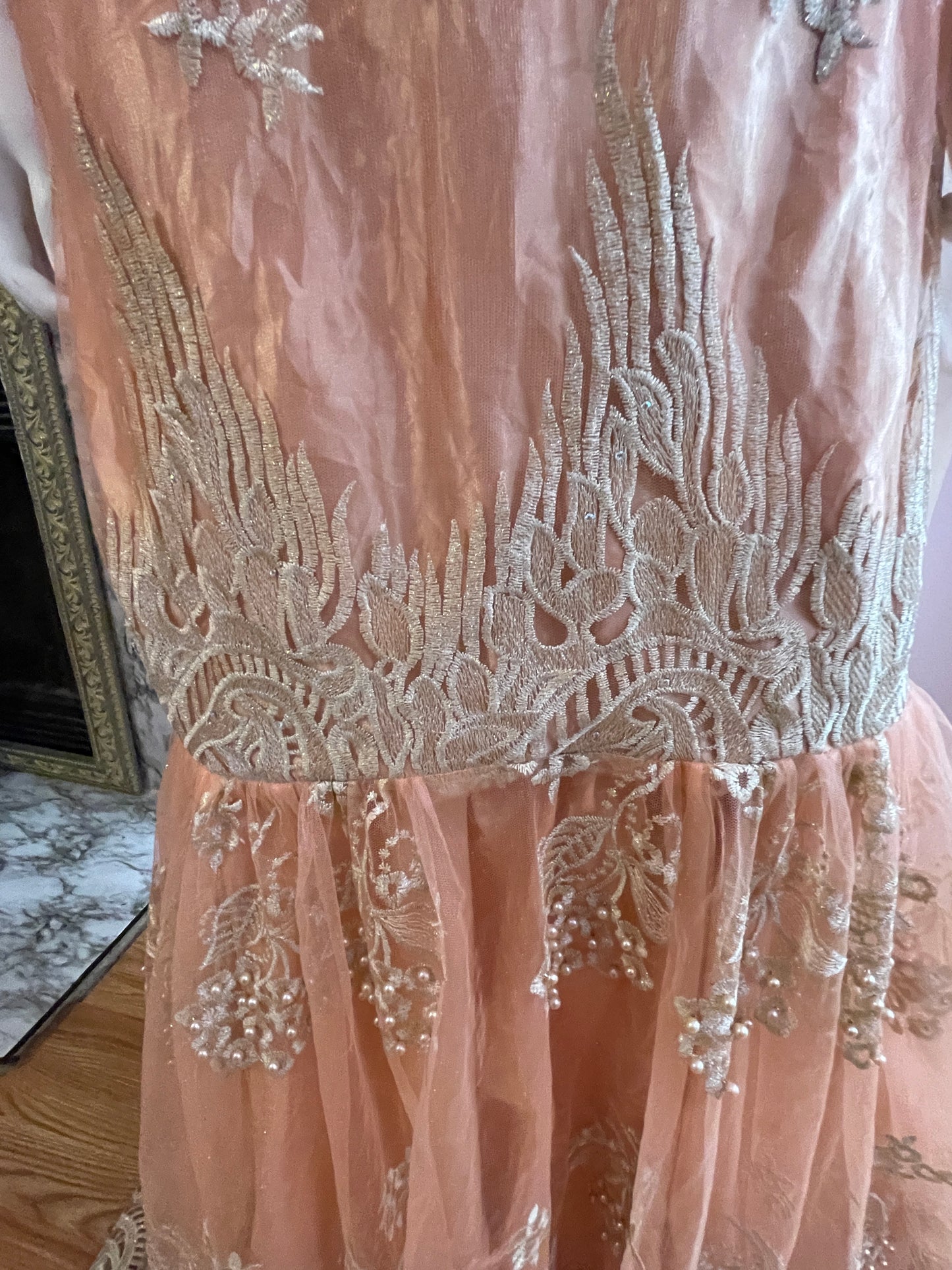 Vintage Pink Peach Satin Lace Dress Gown