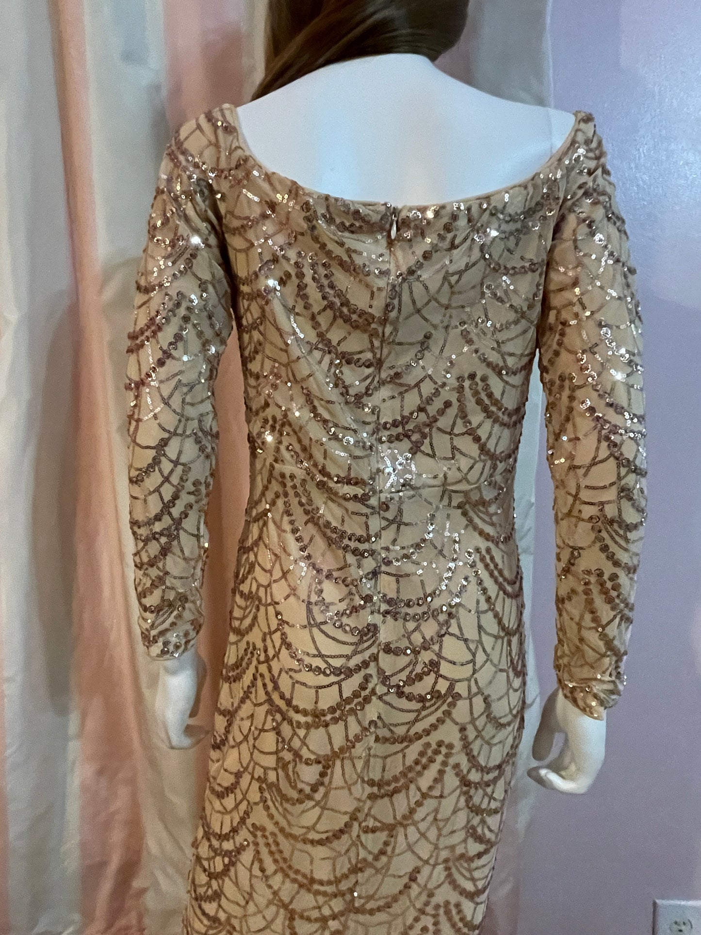 Beige Silk Sequin Sheer Long Sleeve Gown Dress