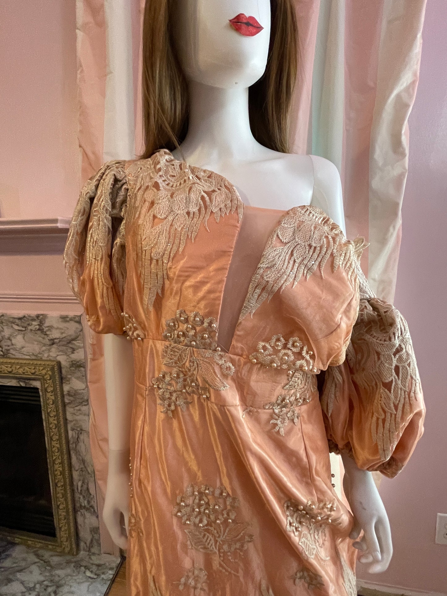 Vintage Pink Peach Satin Lace Dress Gown