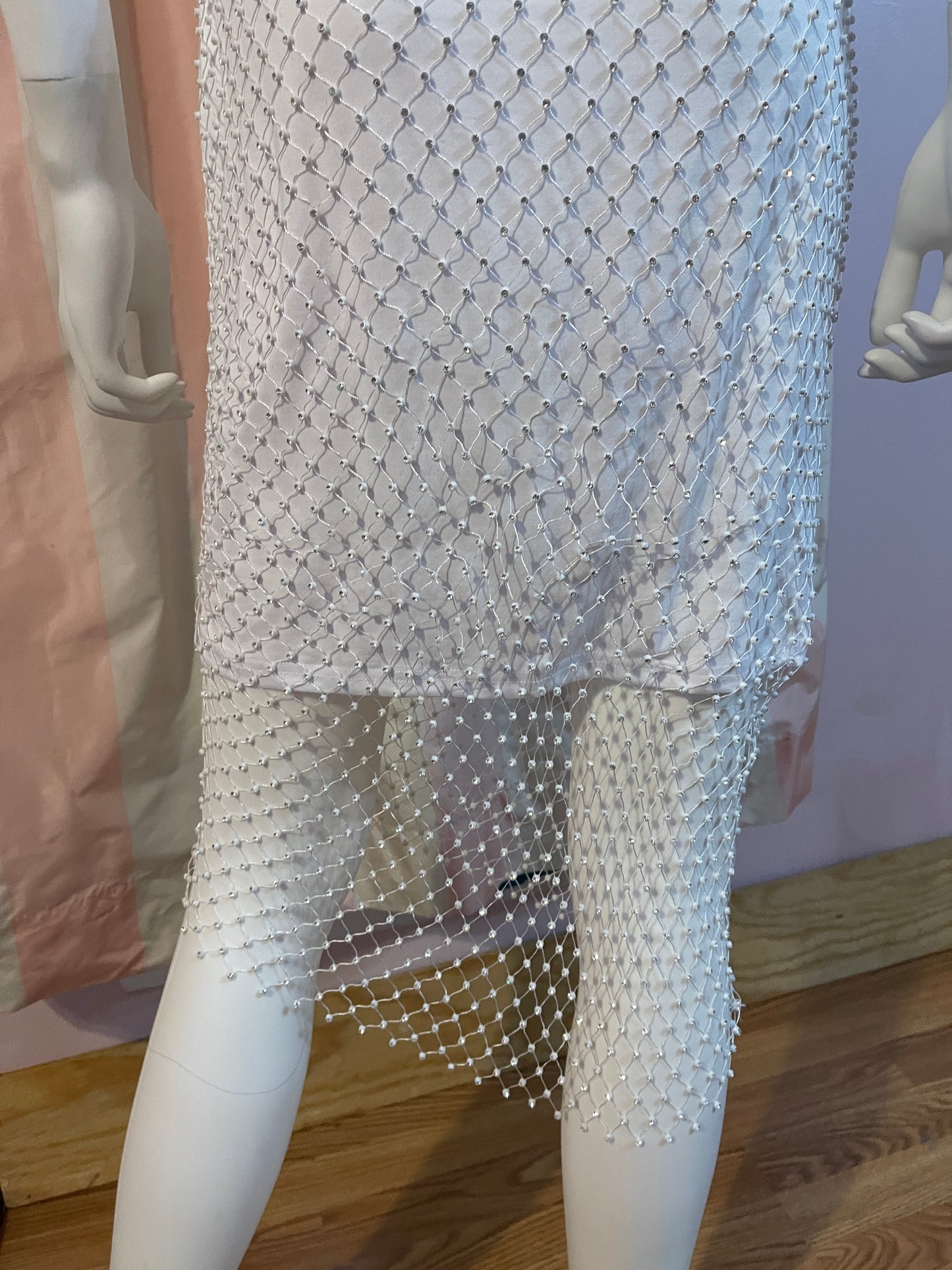 White Rhinestone Stretch Wedding Fishnet Dress