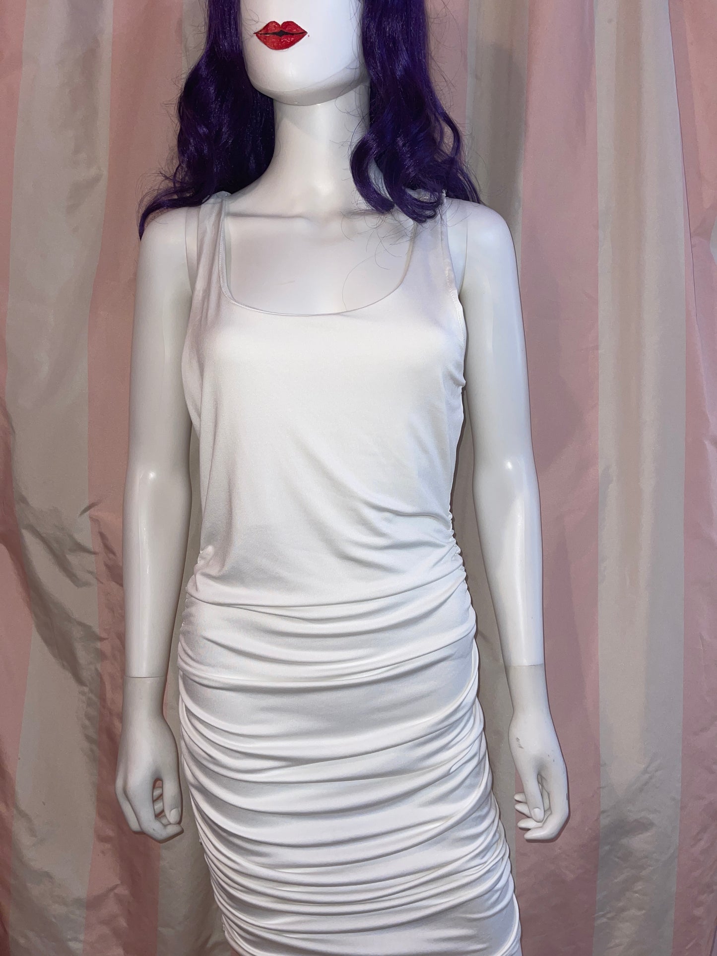 White Halter Plunge Ruche Stretch Dress