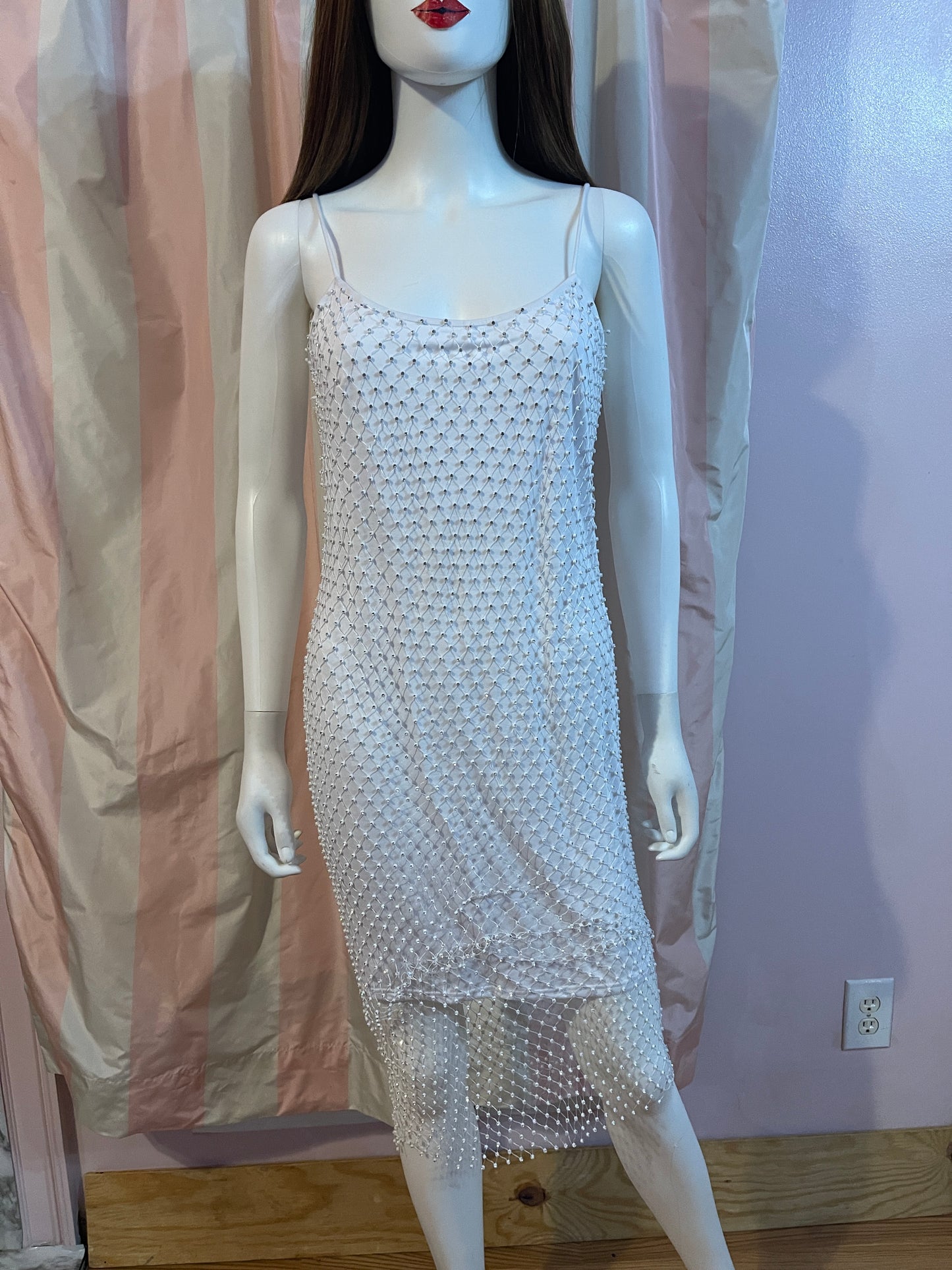 White Rhinestone Stretch Wedding Fishnet Dress