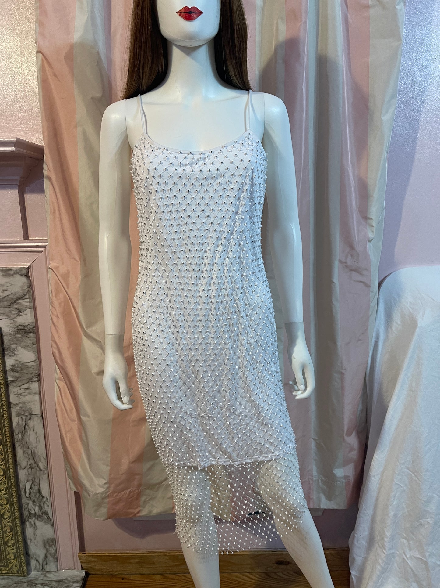 White Rhinestone Stretch Wedding Fishnet Dress