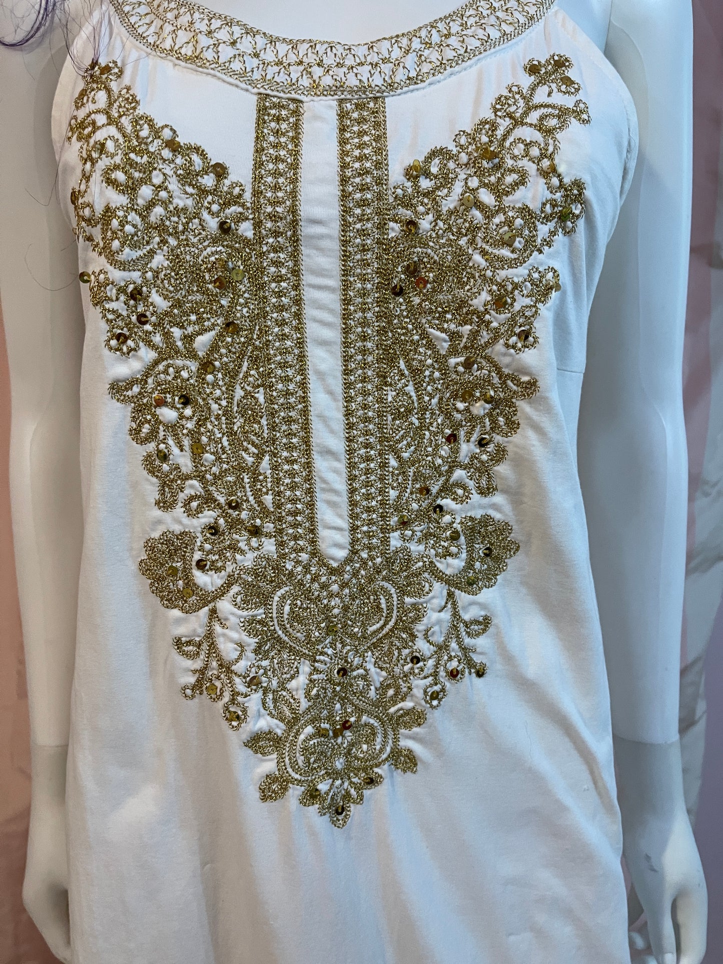 White Gold Embroidered Cotton Sheath Dress