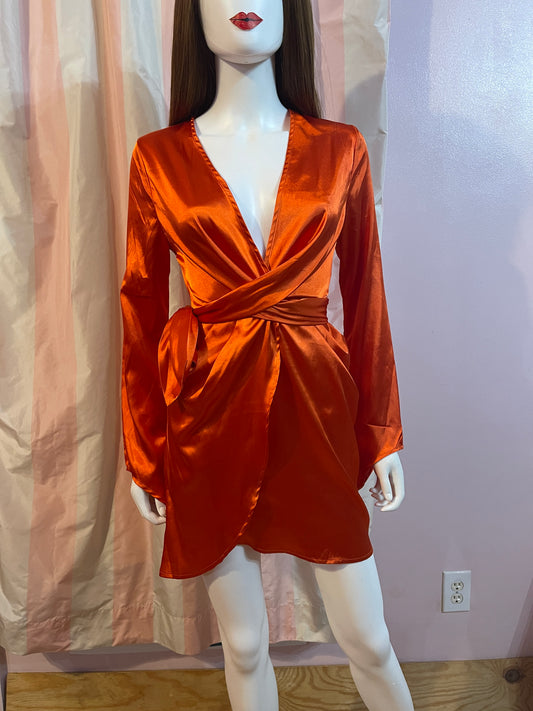 bright red orange satin wrap dress