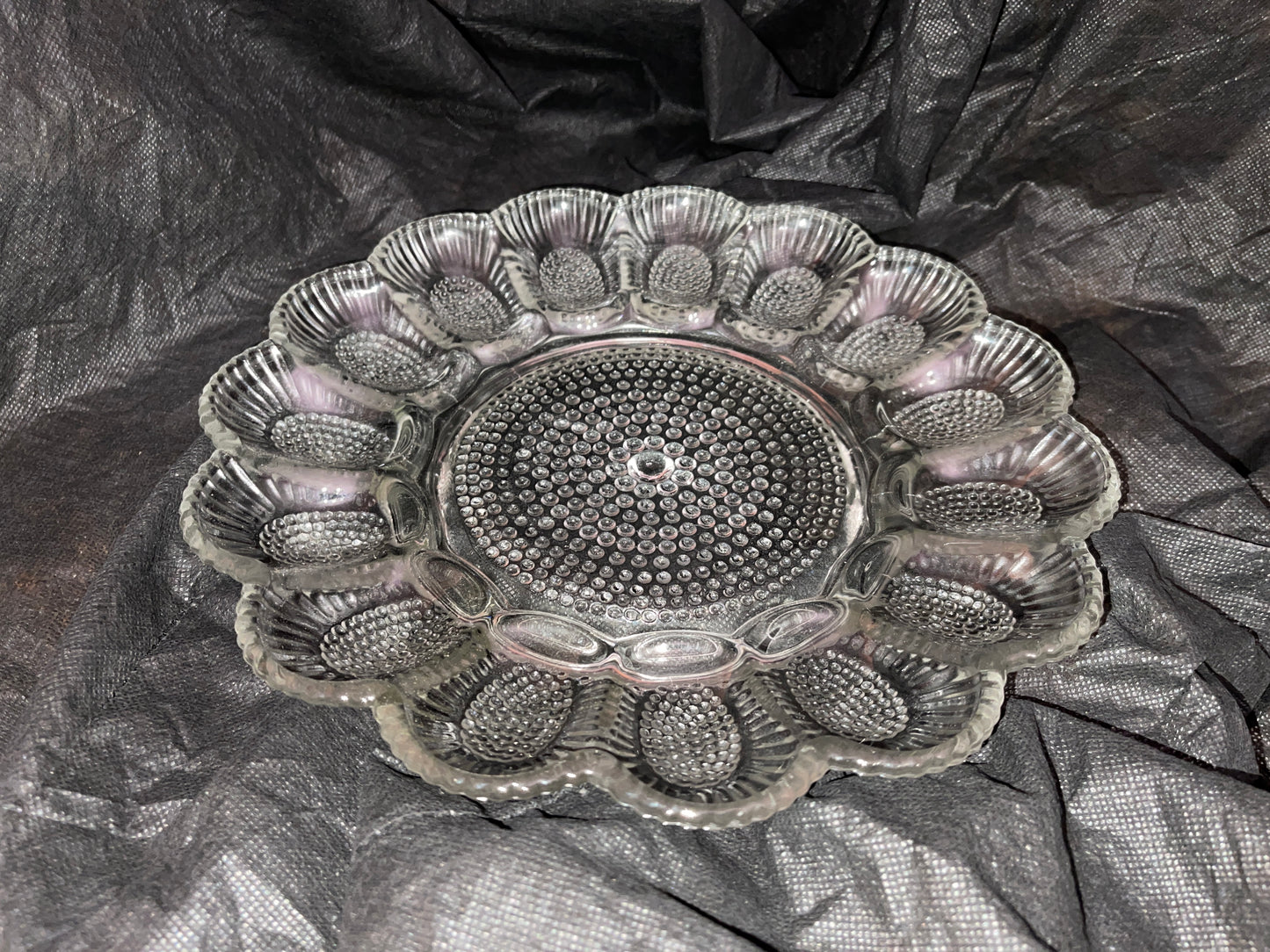 DISH RENTAL VINTAGE GLASS crystal DEVILED EGGS SERVING PLATTER French Italian ornate