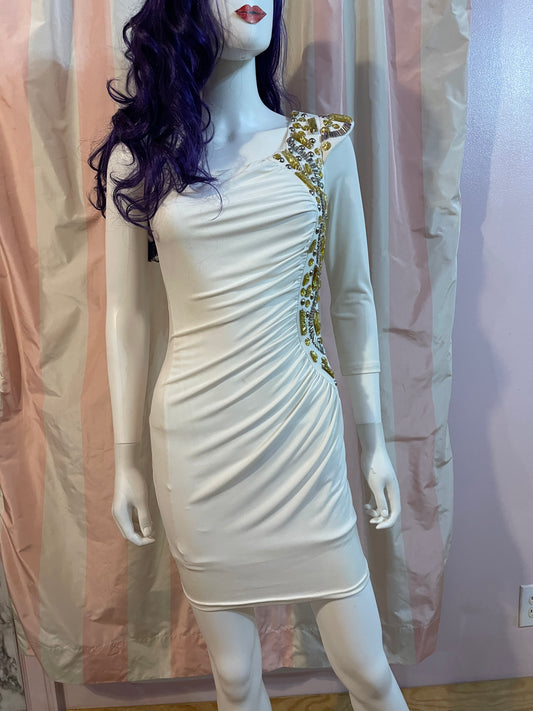 White Gold Sequin One Shoulder Stretch Dress