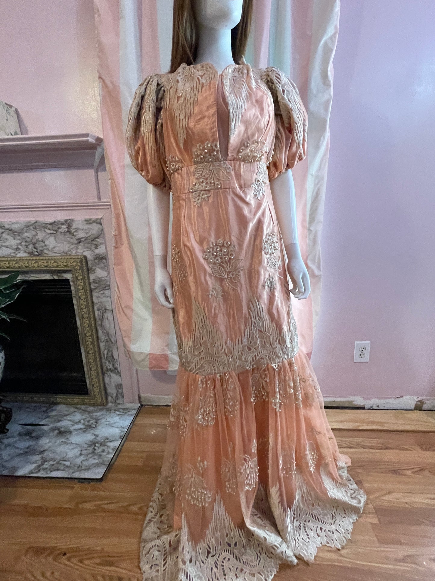 Vintage Pink Peach Satin Lace Dress Gown