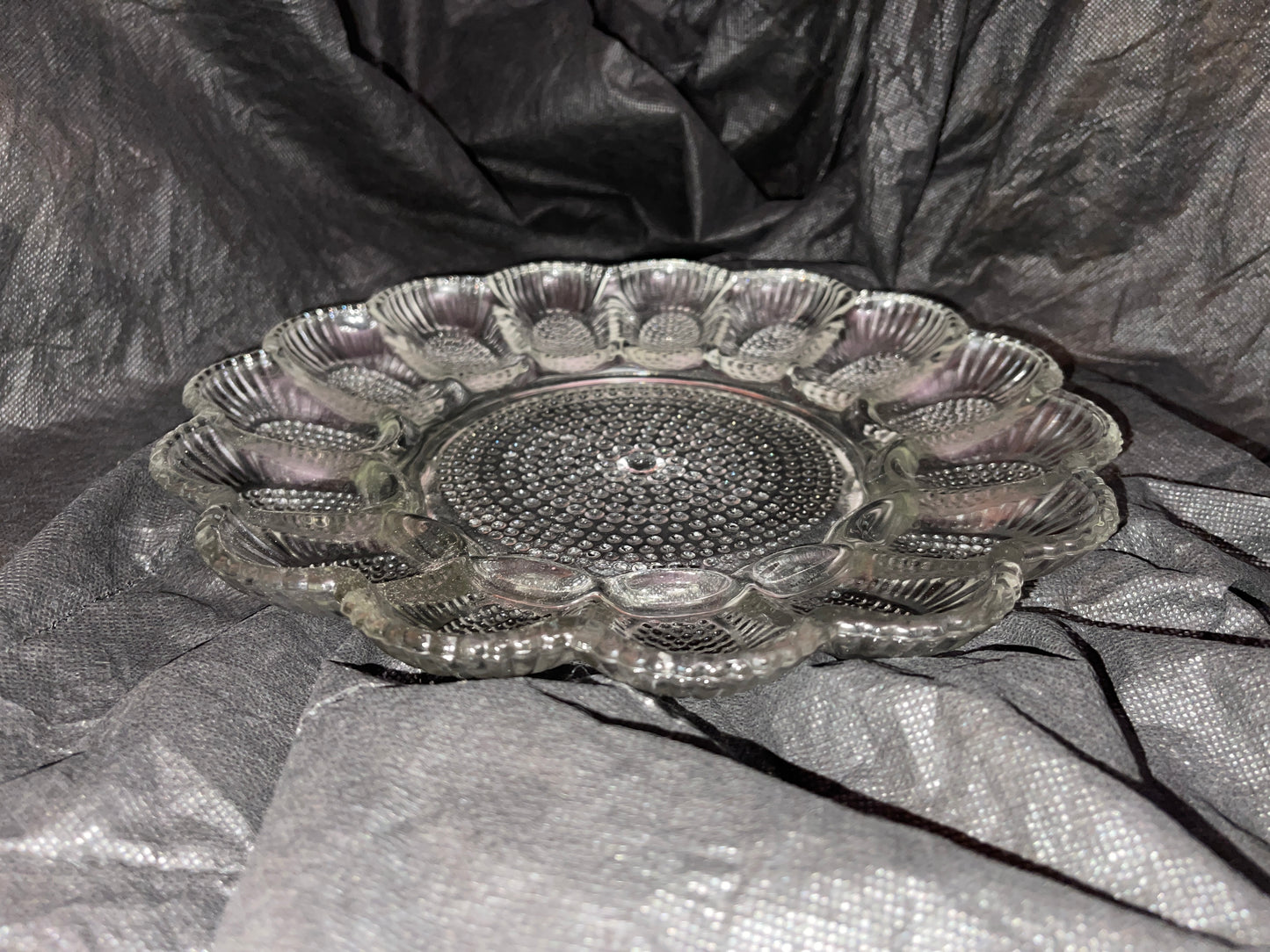 DISH RENTAL VINTAGE GLASS crystal DEVILED EGGS SERVING PLATTER French Italian ornate