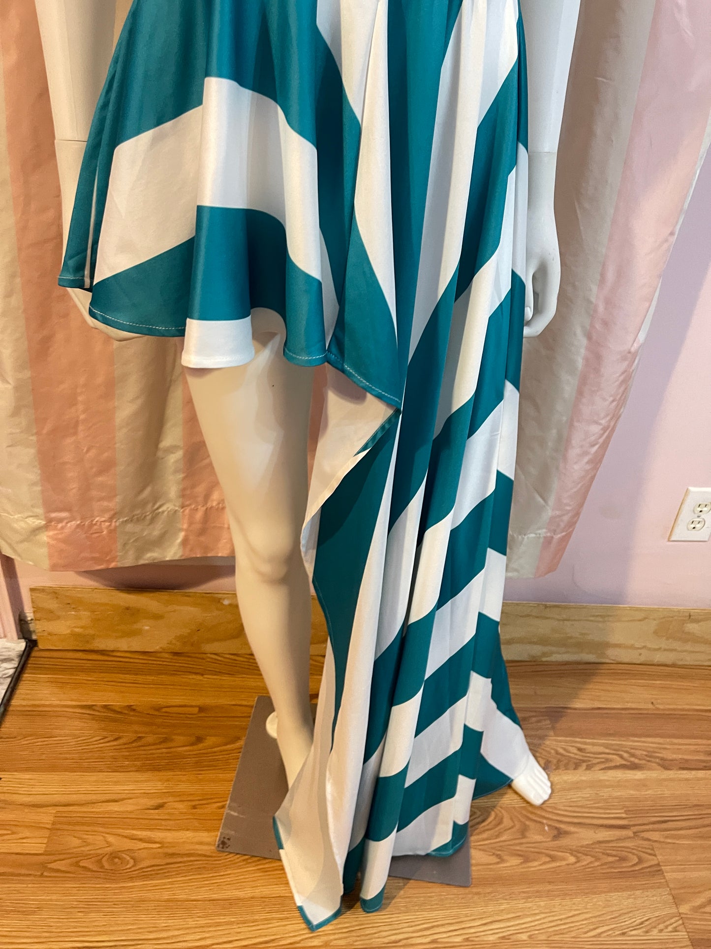 Green White Striped One Shoulder Hi lo open skirt peplum dress