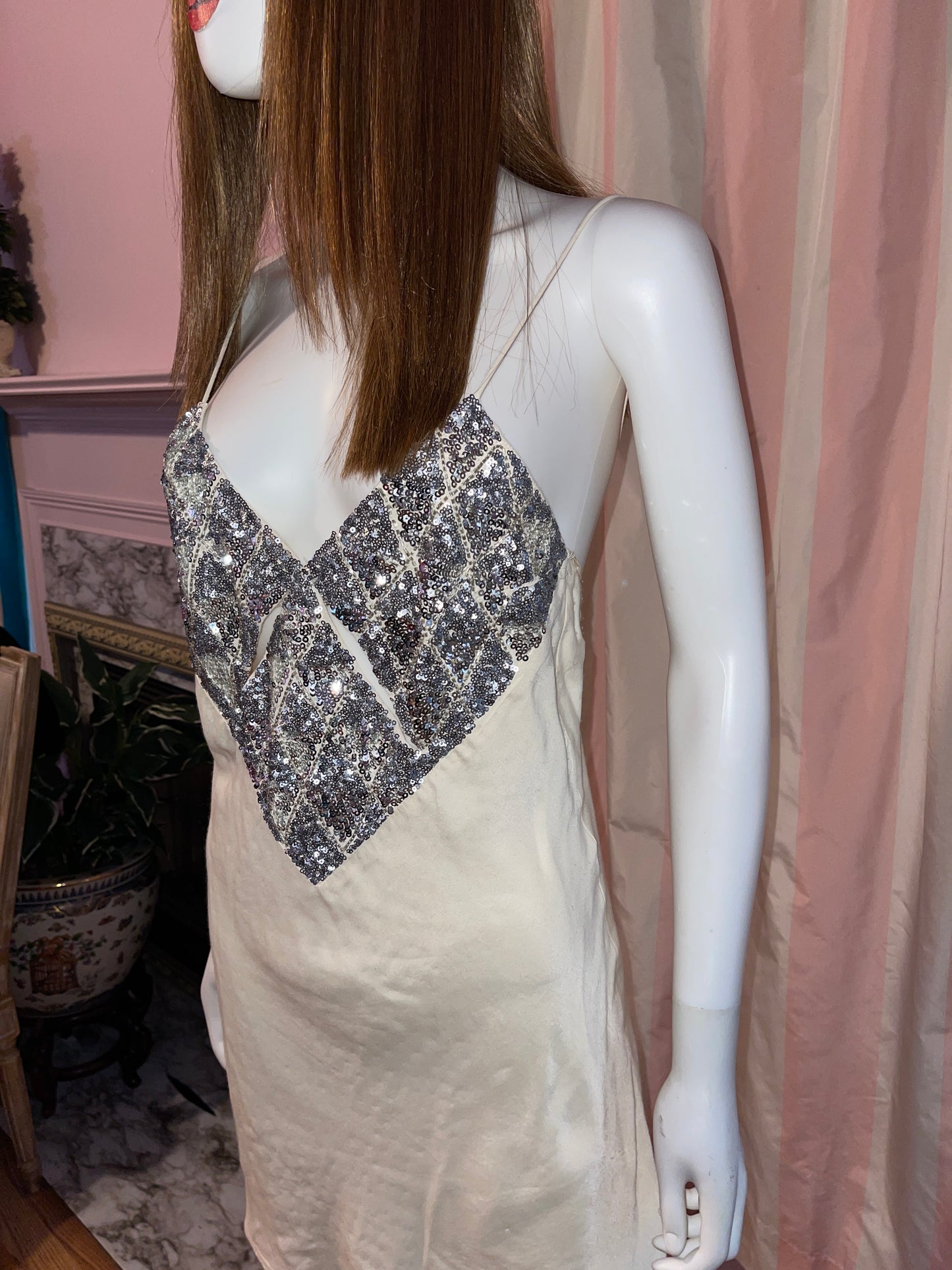 White Cream Silk Silver Sequin Slipdress