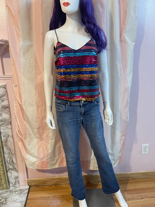 Rainbow Disco Sequin Top & Distressed Denim Jeans