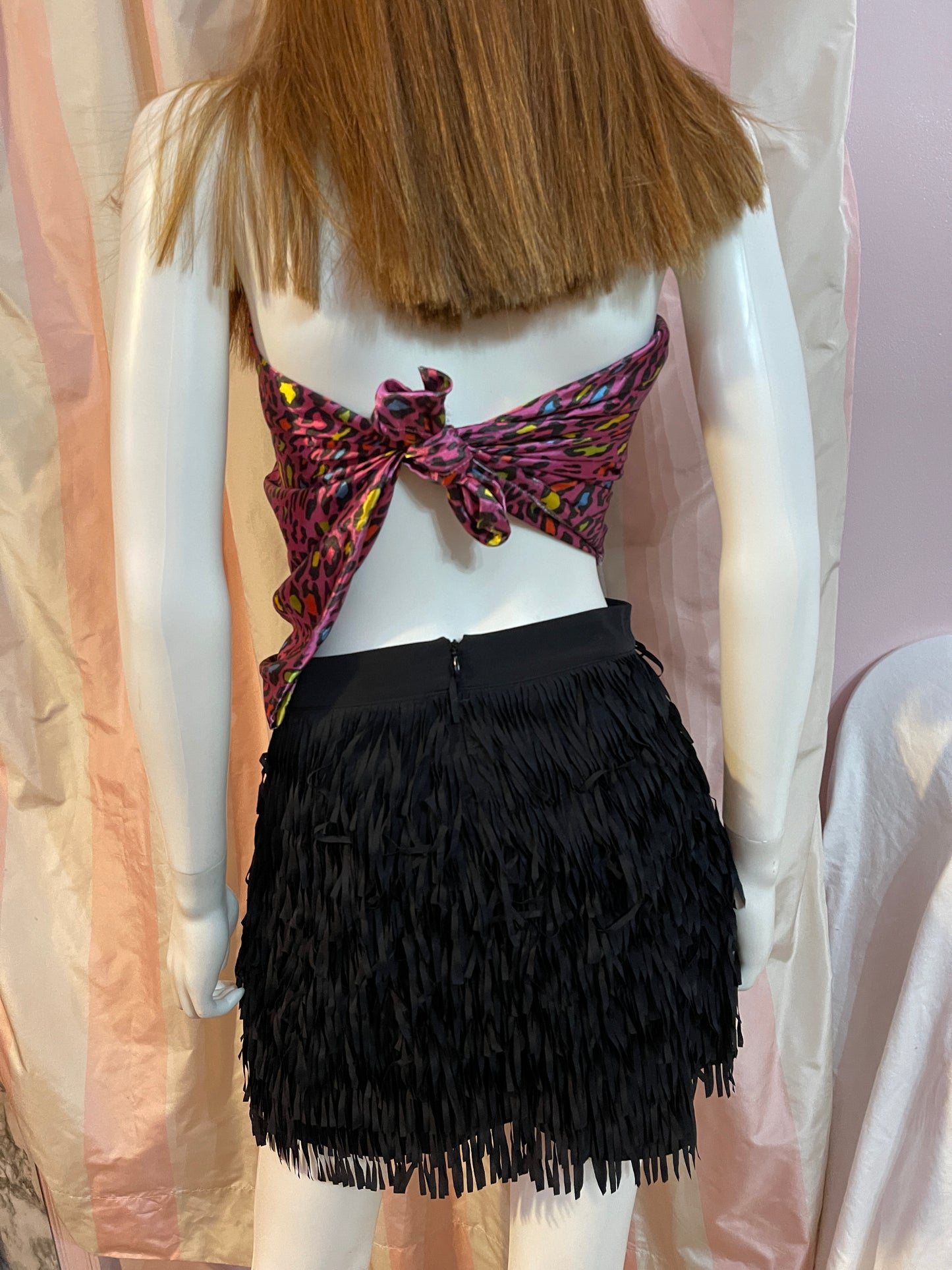 Hot Pink Cheetah Silk Scarf Top and Black Fringe Mini Skirt