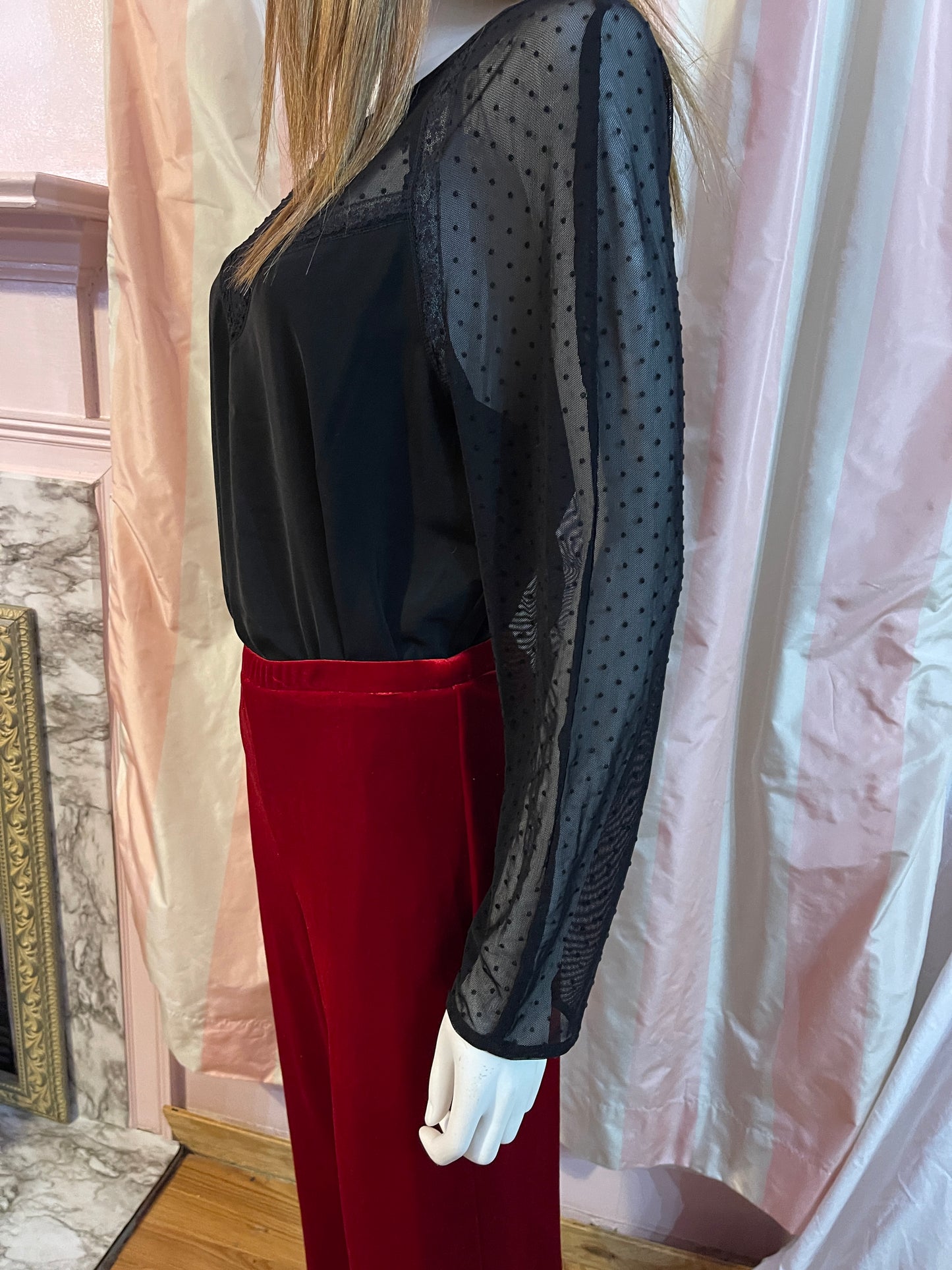 Black Lace Sheer Top and Red Velvet Pants