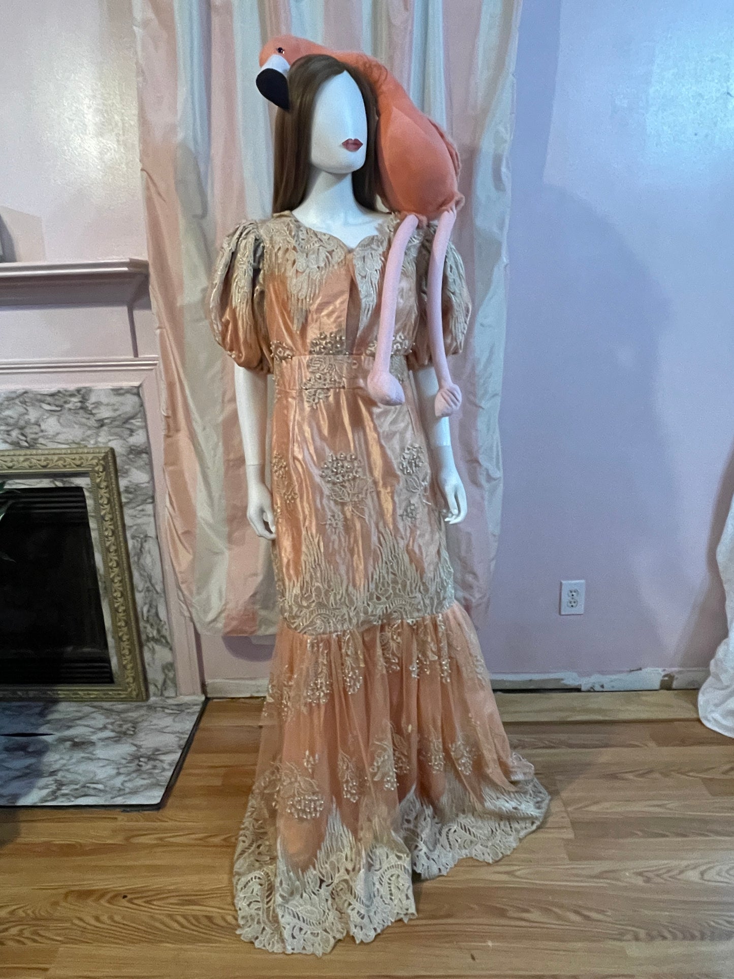 Vintage Pink Peach Satin Lace Dress Gown