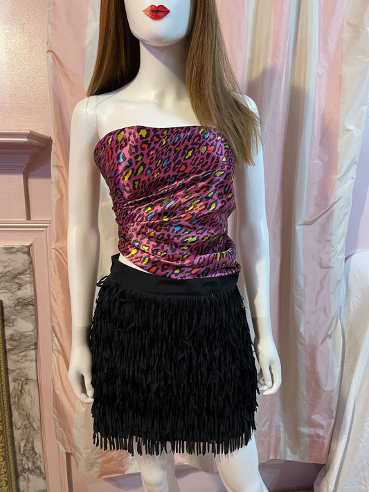 Hot Pink Cheetah Silk Scarf Top and Black Fringe Mini Skirt