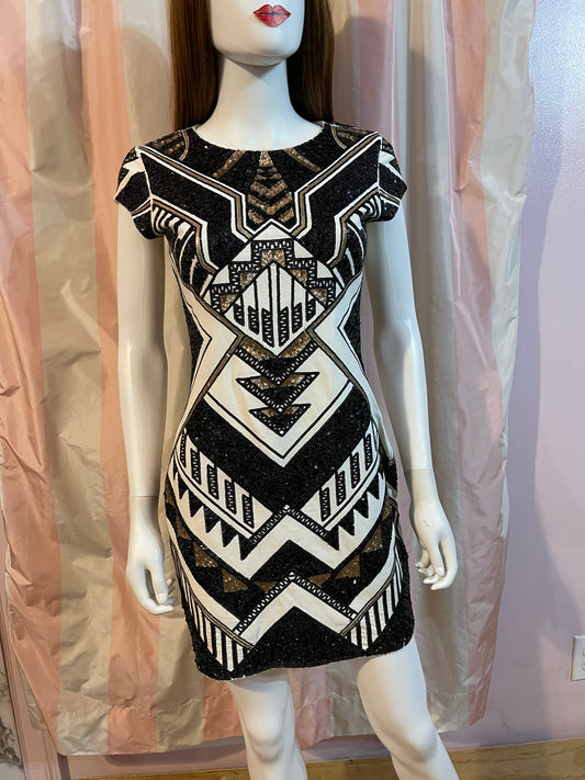 White Black Tribal Abstract Sequin Mini Dress