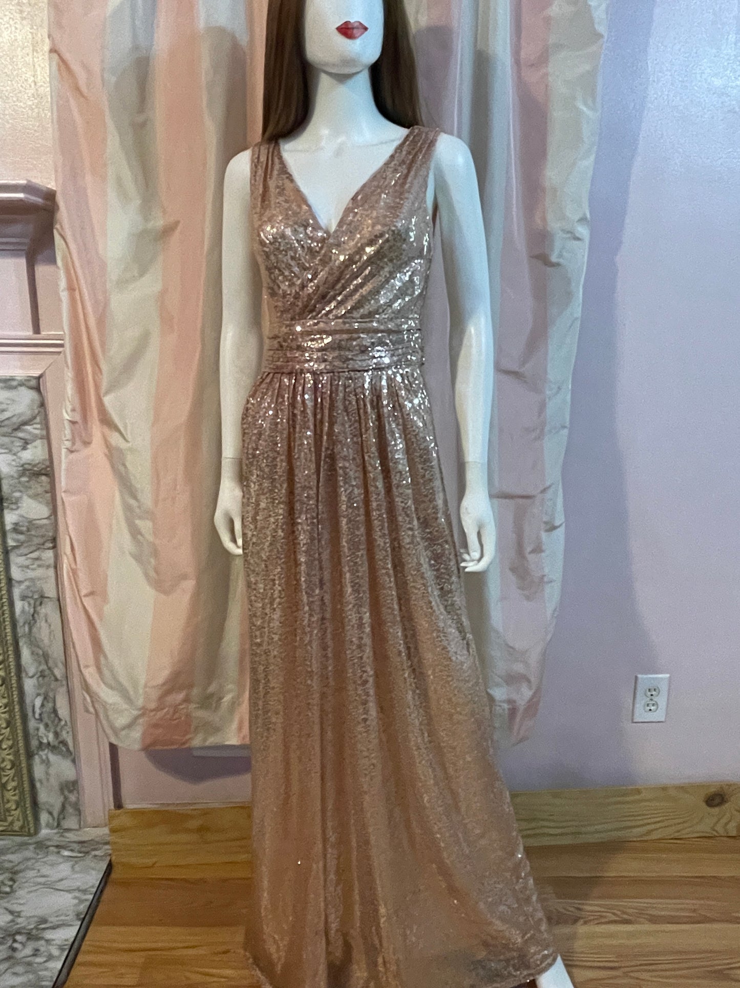 Gold Sequin Glam Plunge Wrap Gown Dress