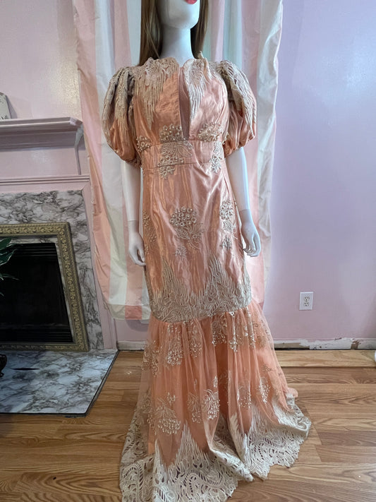 Vintage Pink Peach Satin Lace Dress Gown