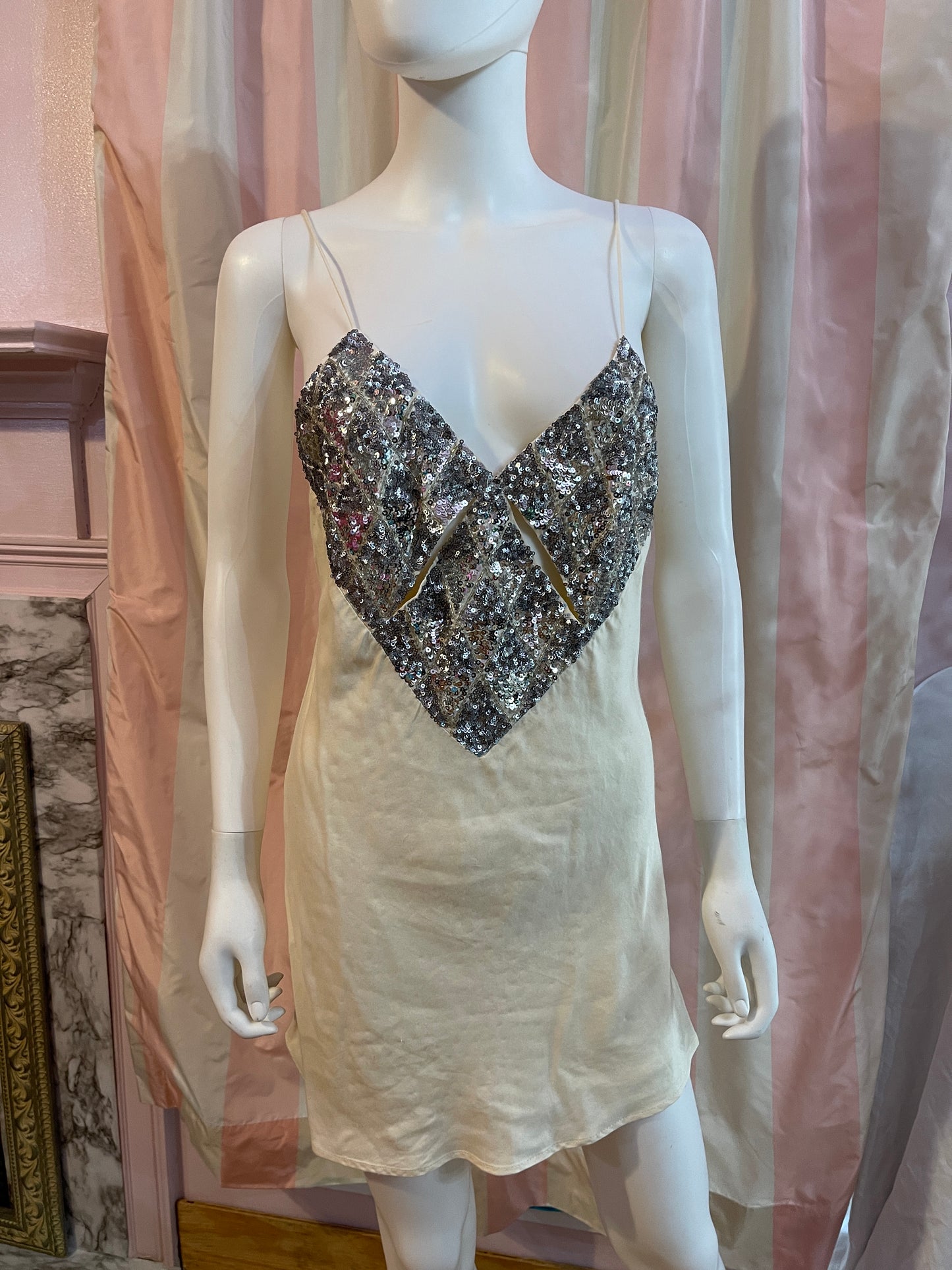 White Cream Silk Silver Sequin Slipdress