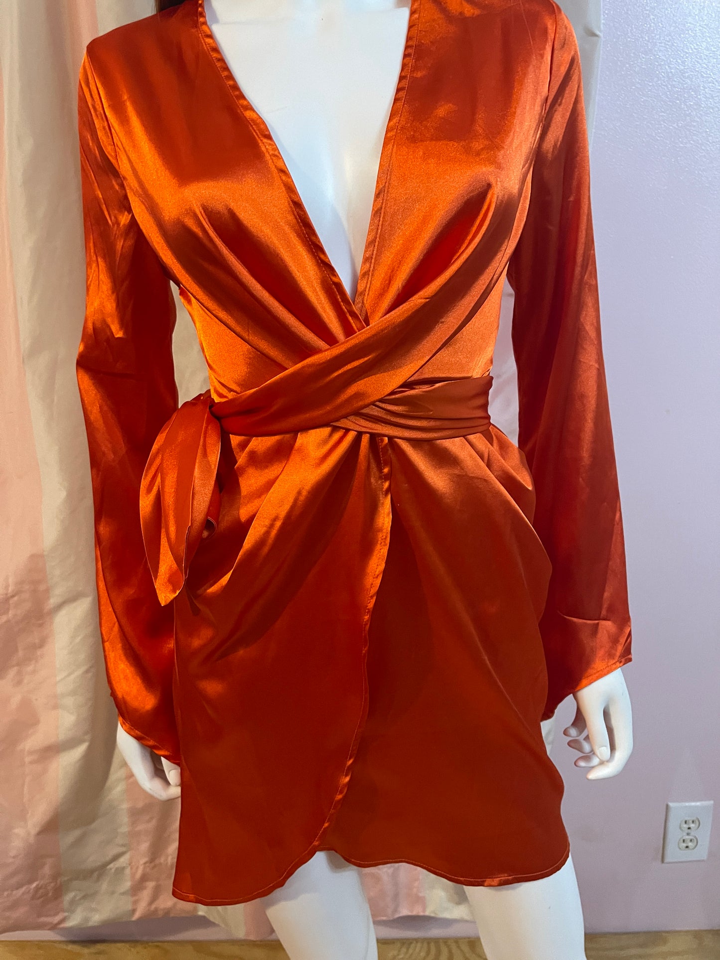 bright red orange satin wrap dress