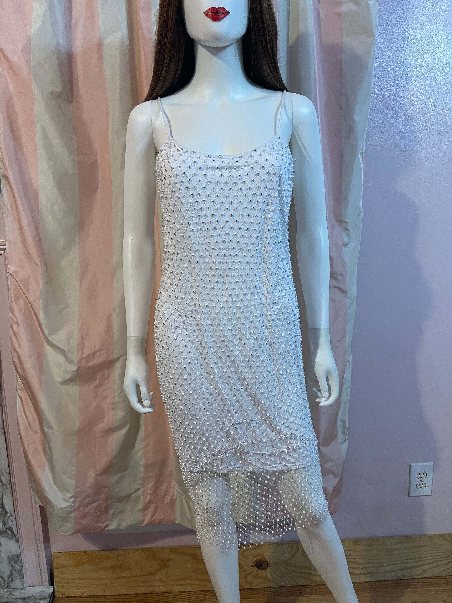 White Rhinestone Stretch Wedding Fishnet Dress