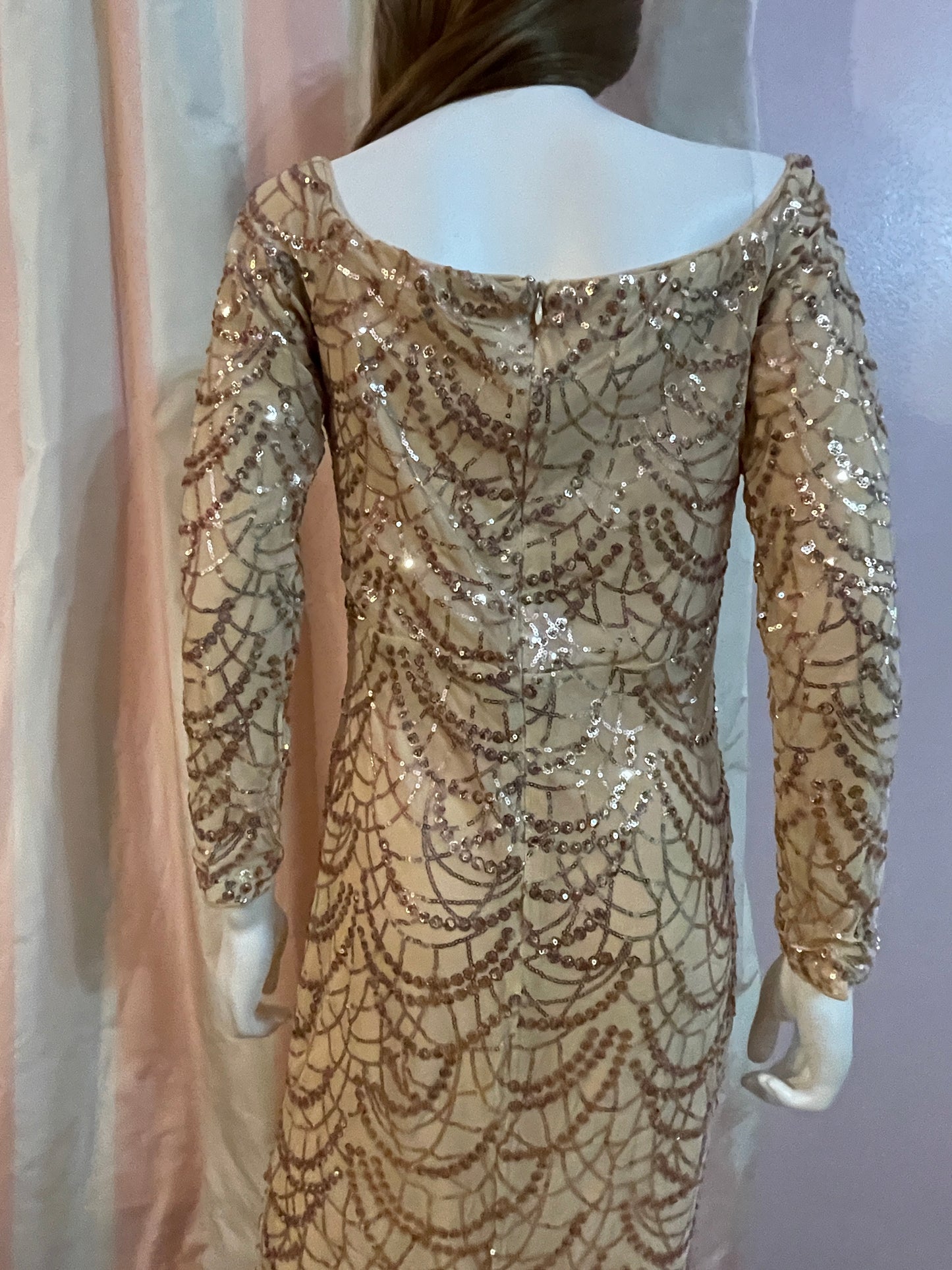 Beige Silk Sequin Sheer Long Sleeve Gown Dress