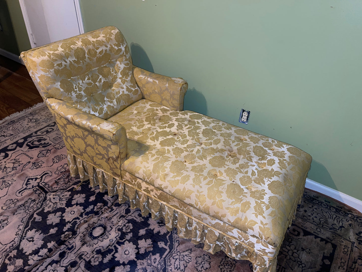 RENTAL VINTAGE DISTRESSED YELLOW GOLD SATIN CHAISE SOFA LOVESEAT