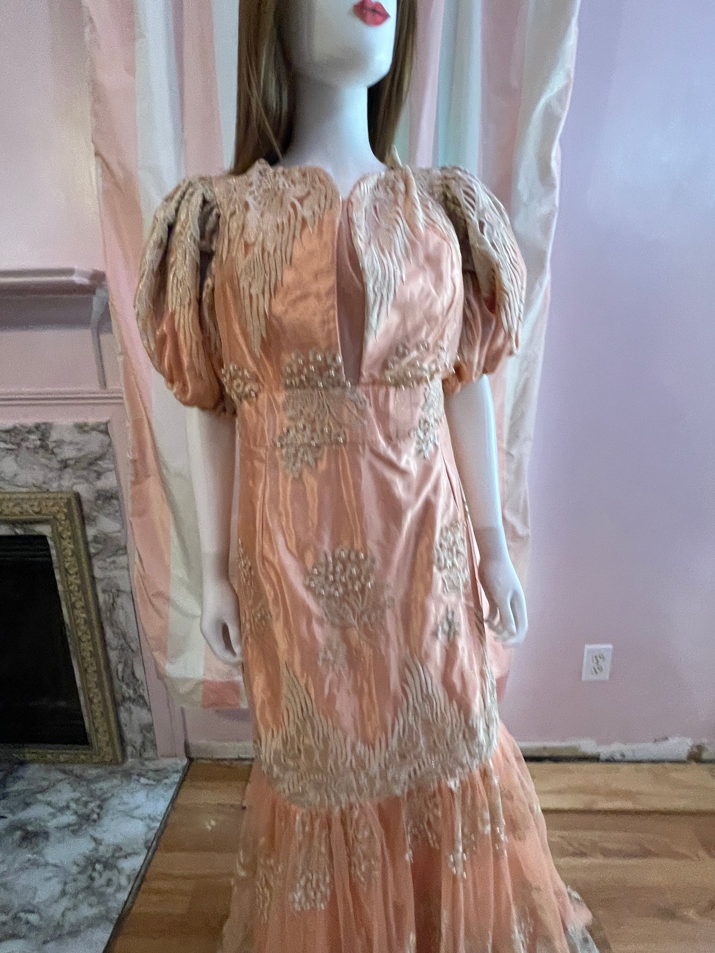 Vintage Pink Peach Satin Lace Dress Gown