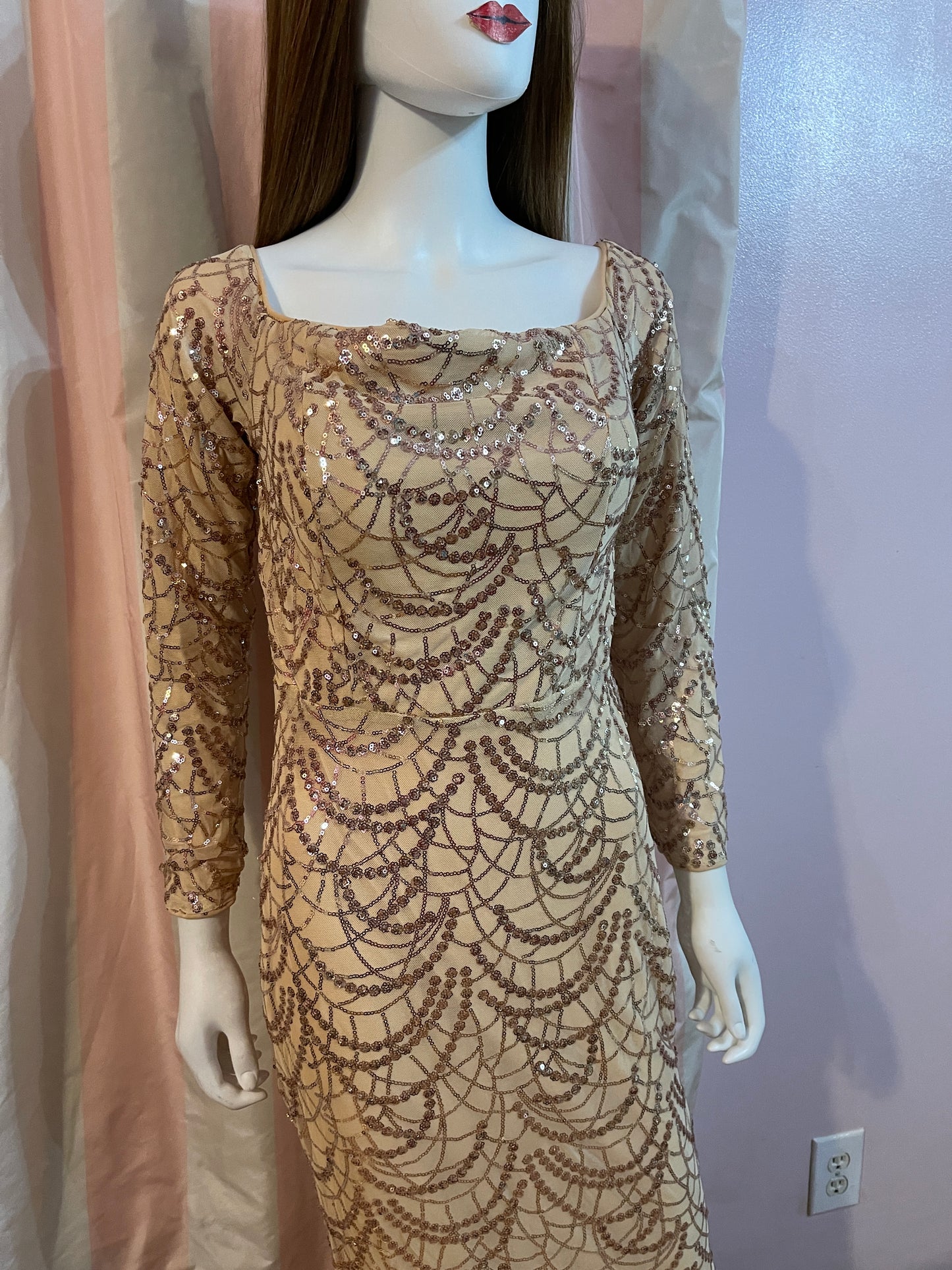 Beige Silk Sequin Sheer Long Sleeve Gown Dress