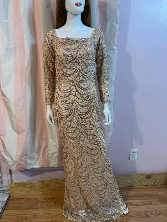 Beige Silk Sequin Sheer Long Sleeve Gown Dress