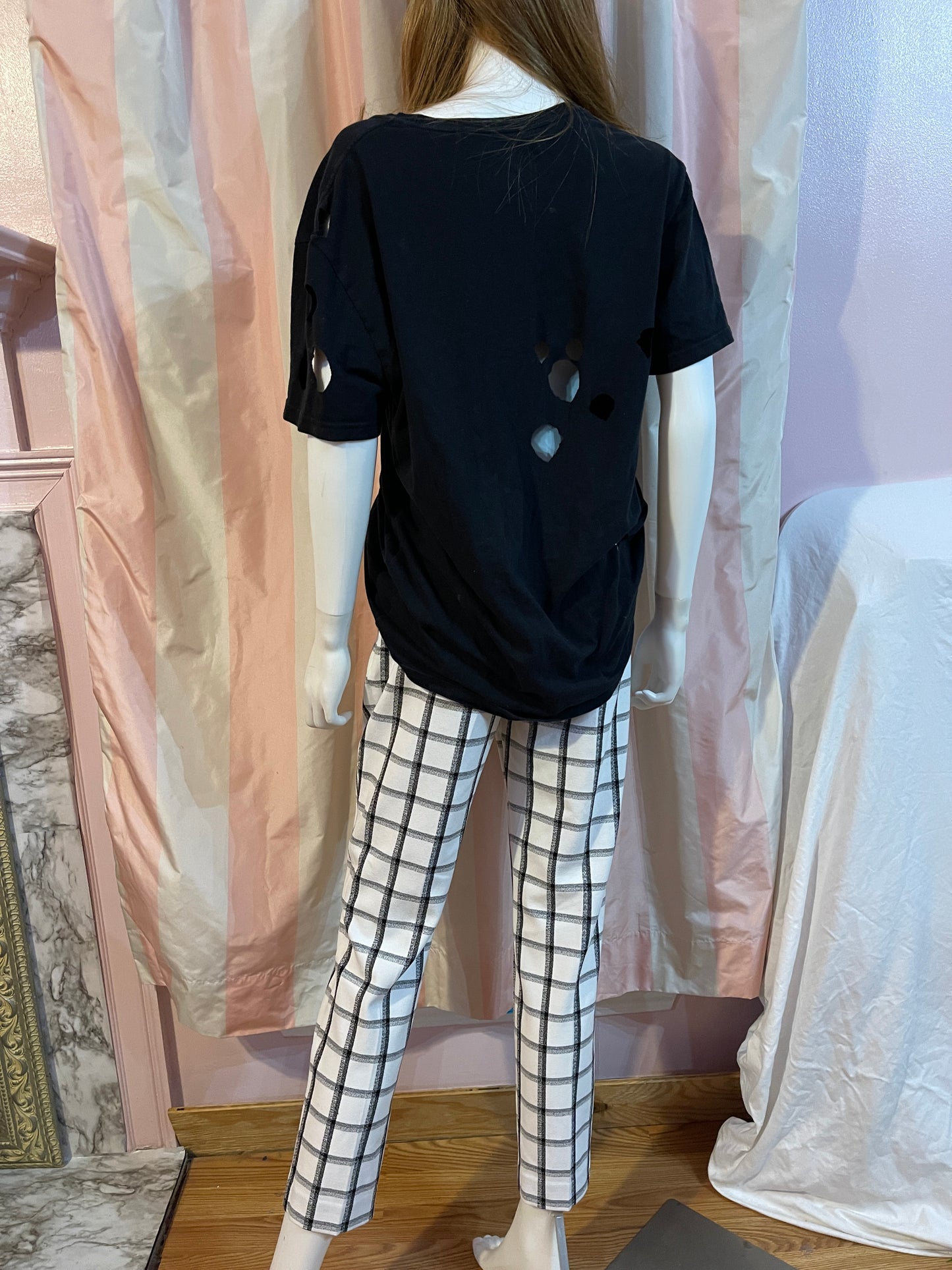 Black Cut Out Large Tee Shirt with White Plaid Trousers