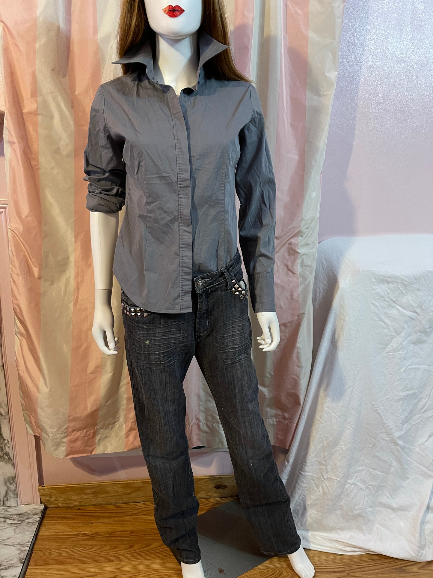 Gray shirt , studded jeans