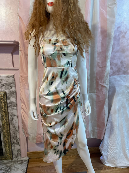 Silky Beige Tan Abstract Stretch Dress