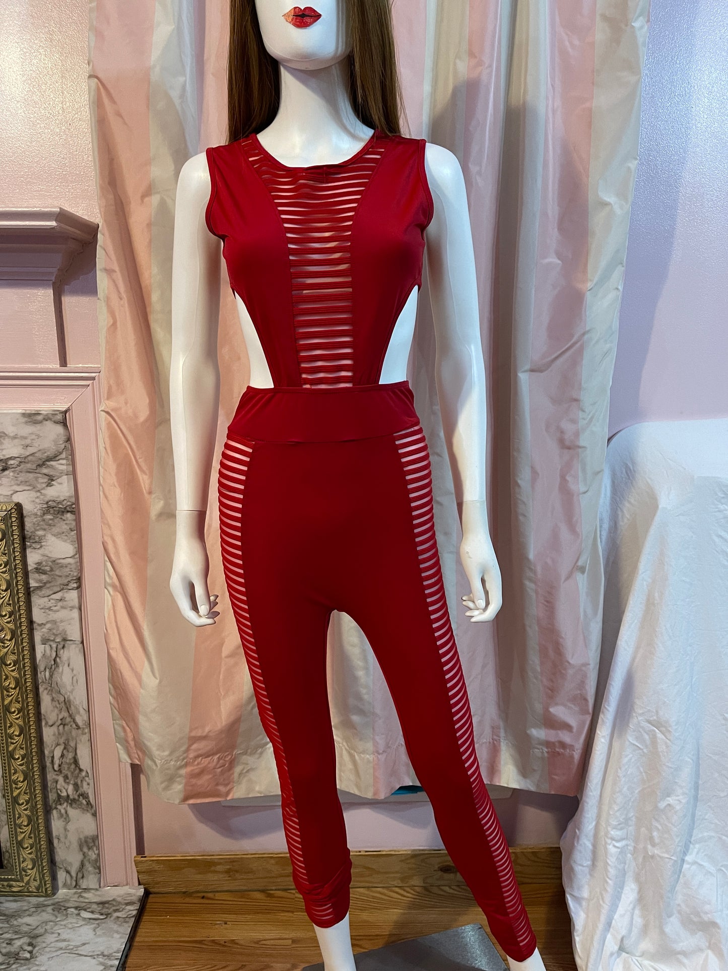 Red Cut Out Sheer Bodysuit