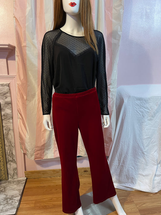 Black Lace Sheer Top and Red Velvet Pants