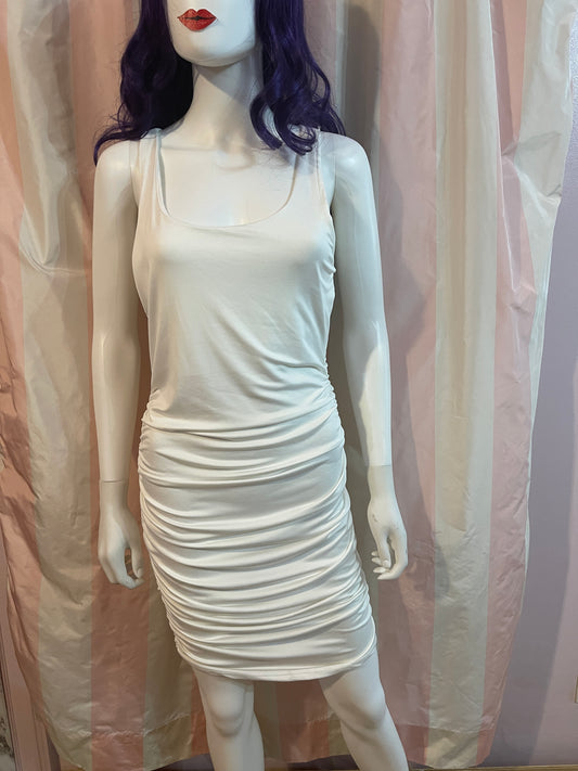 White Halter Plunge Ruche Stretch Dress