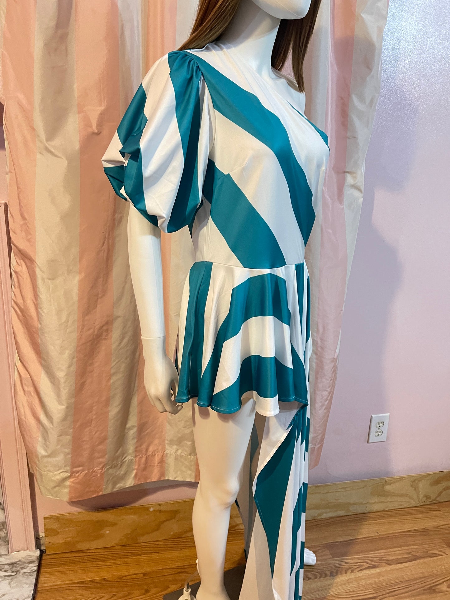 Green White Striped One Shoulder Hi lo open skirt peplum dress