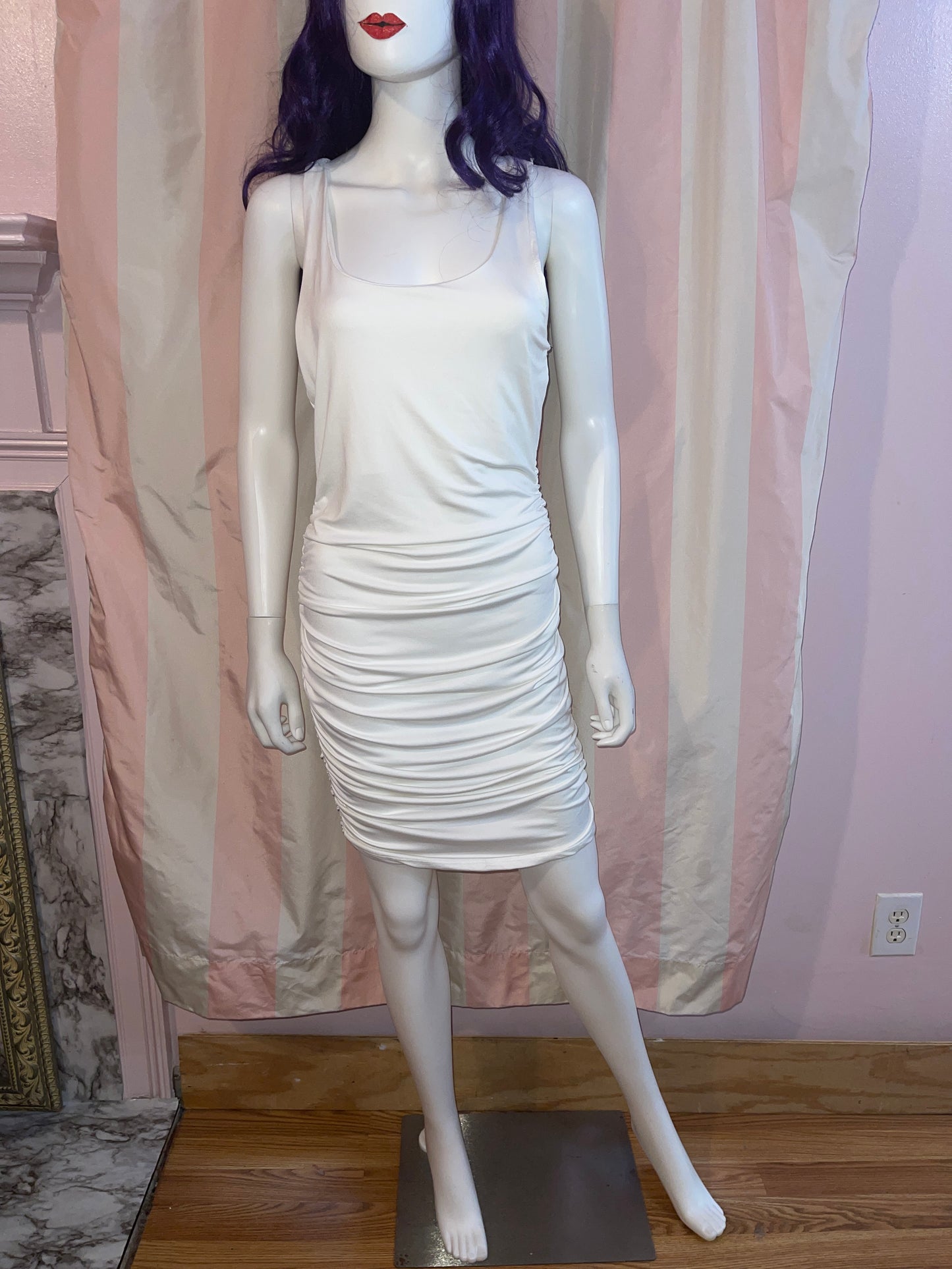 White Halter Plunge Ruche Stretch Dress