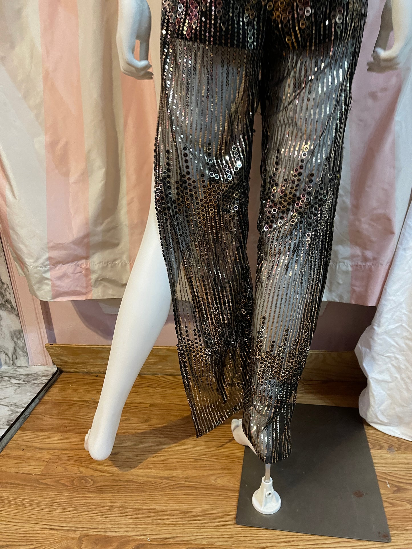 Vintage Gold Lane Black Sequin Sheer pantsuit