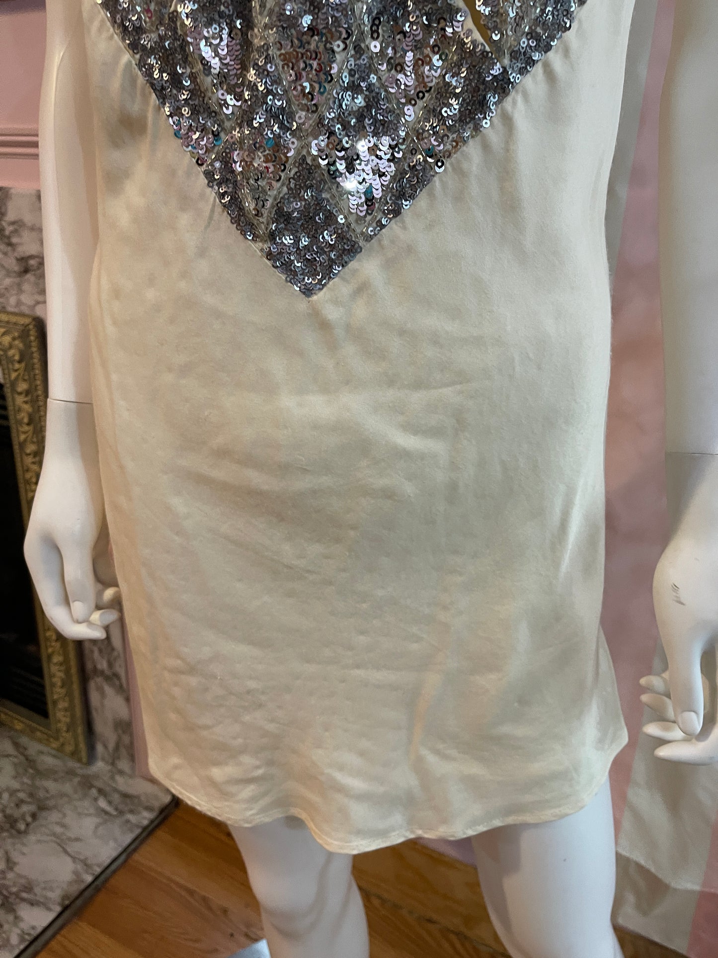 White Cream Silk Silver Sequin Slipdress