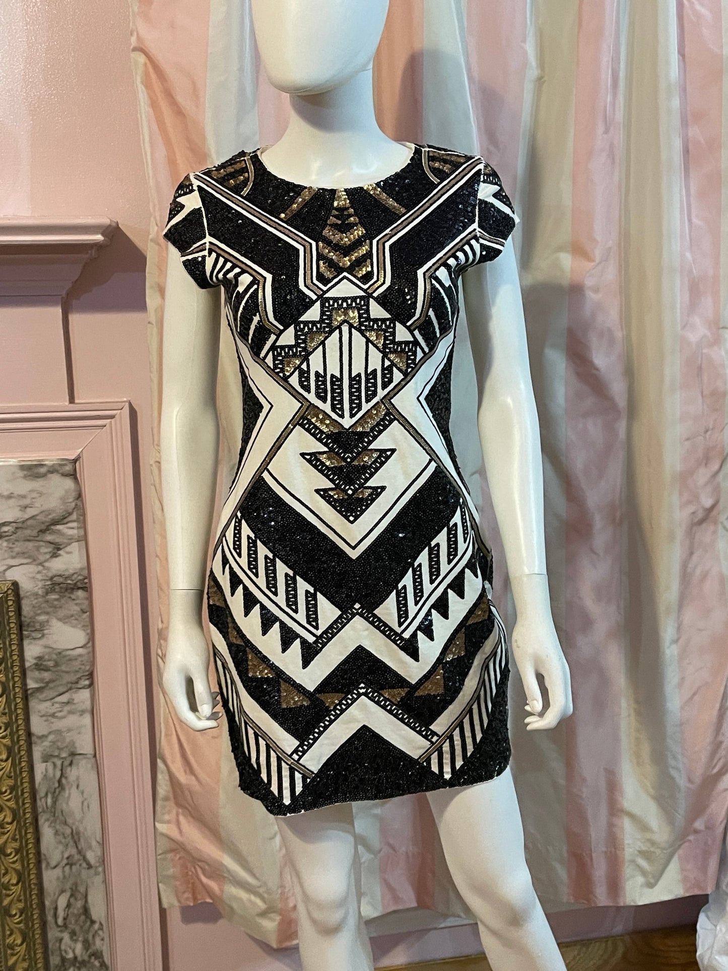 White Black Tribal Abstract Sequin Mini Dress