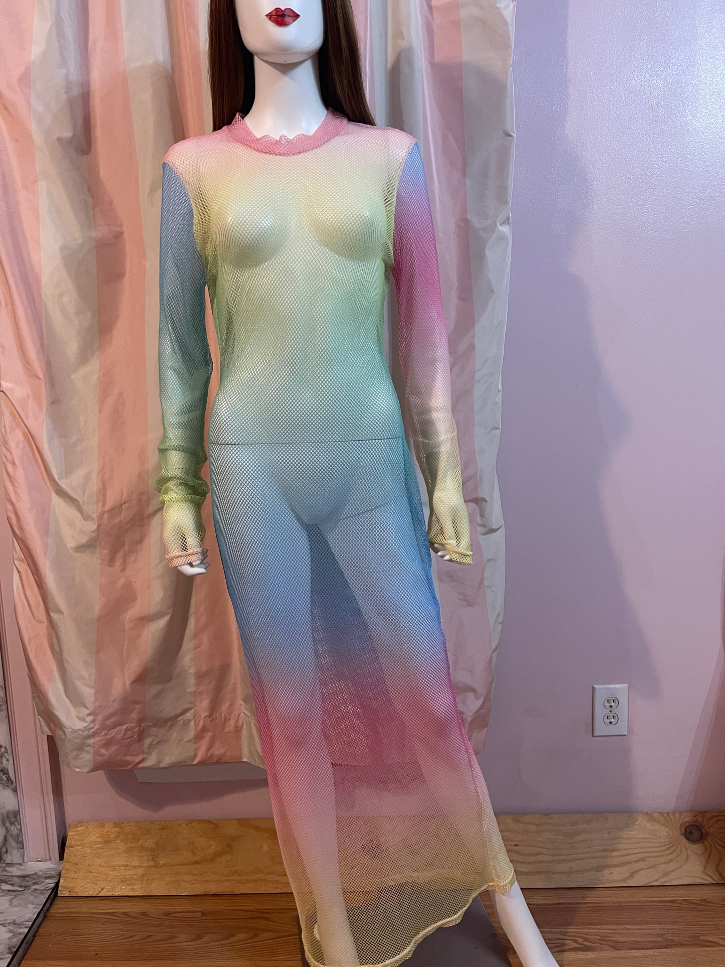 Beach Wedding Rainbow Neon Sheer Mesh Fishnet Bodycon Stretch Dress