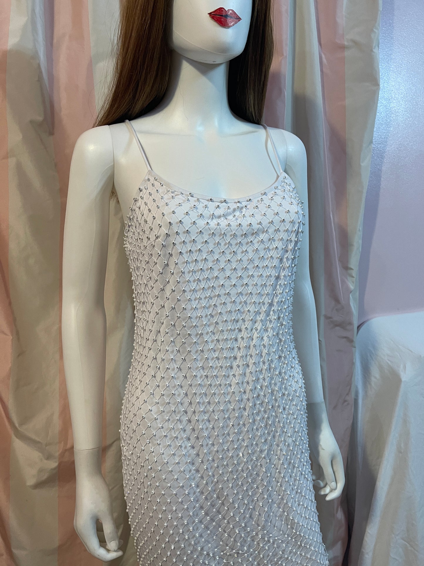 White Rhinestone Stretch Wedding Fishnet Dress